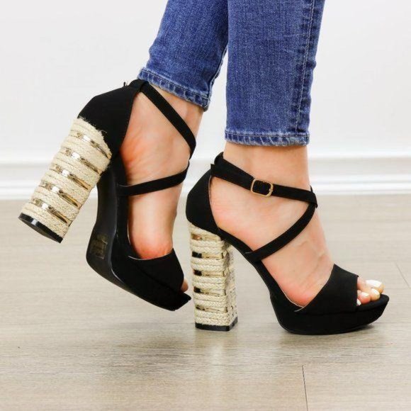 Espadrille Heel Black Open Toe Platform Sandals - Picture 8 of 8